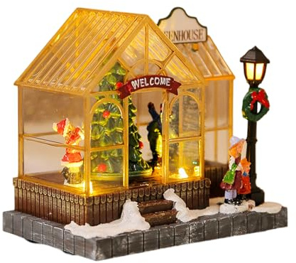 HVRFJXI Ornement Serre Musicale Noël avec Éclairage LED Figurines d'arbre Rotatives Statue Ornement Village Animé
