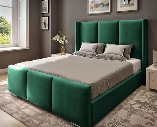 4FT6 Double Ottoman Storage Solid Divan Base Bed With Mattress Wing Panel Headboard Upholstered In Green Plush Velvet Bed Frame End Lift (Green, 4FT6 Double Bed With Storage And Mattress)