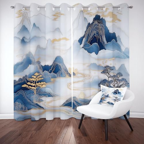 Asiatisch Natur Landschaft Verdunkelungsvorhange 2er Set, Zen Chinesischer Stil Vorhänge Wohnzimmer 160x132 cm Aquarell Berg Scenery Gardine Blickdicht Thermo mit Ösen Schlafzimmer Fensterdekoration