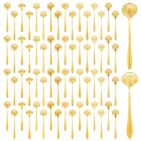 Ptwola 64 Pcs Flower Coffee Tea Spoons Stainless Steel Teaspoon Tea Party Spoons Cute Demitasse Scoop for Stirring Coffee Sugar Drink Kitchen Cafe Bar Tableware Party Favors Decor (Gold)