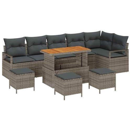 vidaXL Garten-Sofa-Set mit Kissen 10 pcs Grau Poly Rattan, Garten und Terrasse, Moderne modulare Möbel für draußen, wetterfeste Sofas, höhenverstellbarer Tisch, Coole Sitzgelegenheiten