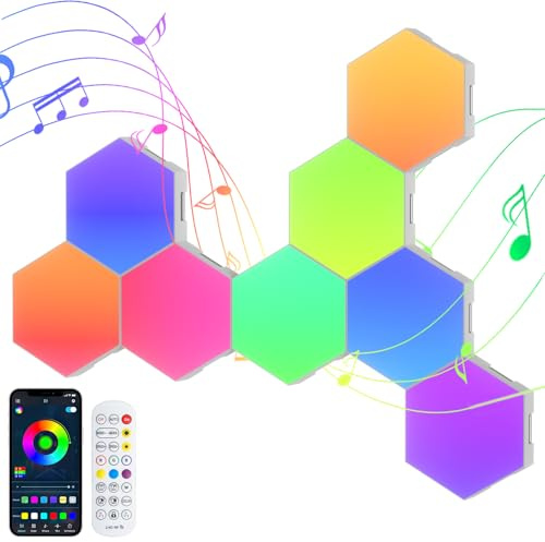 8PCS Hexagon LED Lights, RGB Hex Wall Light, Gaming Wall Panels with Music Sync, Remote & App Control,Timer, Hexagonal Led Gaming Light, Smart Hexagon Lights for Room Decor,Bar, Bedroom,Gaming Setup