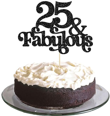 Ephlyn 1Pc 25 & Fabulous Cake Topper Glitter Twenty Five and Fabulous Cake Toppers Happy 25th Birthday Cake Pick for 25th Wedding Anniversary Birthday Party Decorations Supplies Black