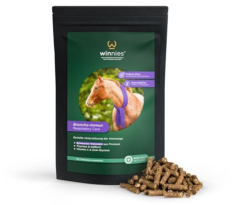 winnies Broncho-Immun für Pferde – Ergänzungsfuttermittel mit Holunder, Thymian, Pfefferminze, Süßholz, Vitamin C, Zink – Ohne Zucker & Getreide – Stärkung von Bronchien & Immunsystem – 1 kg Pellets