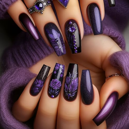 Elegant Purple Floral Coffin Press-On Nails with Rhinestones for Halloween - Luxury False Fake Long Gothic Nail Stickers Art DIY Manicure Kit with Handmade Unique Charm Accessories