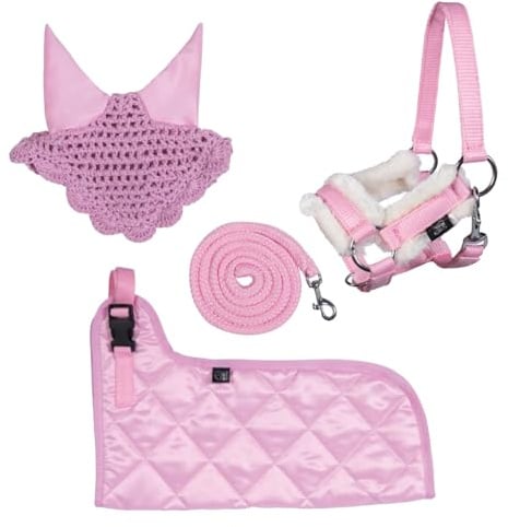 Brama West Hobby Horsing Komplettset – Halfter, Strick, Decke & Fliegenhaube für Steckenpferd - inkl. Überraschungs-Stirnband (Pink)