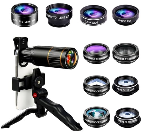 XineYuor 11-in-1 Handy Kamera objektiv,Objektiv für Handy mit Handstativ,22X Teleobjektiv,0.63x Wide,198° Fisheye Lens,15X Makro Objektiv Handys,Kaleidoscope lens6 - Für die meisten Smartphones.