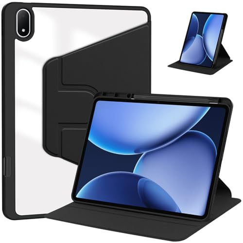 ELYCO Funda para OnePlus Pad 3, Cover Protectora Giratoria 360 Grados con Soporte Plegable/Ranura para bolígrafo, Funda de Cuero PU + Acrílico Transparente, Negro