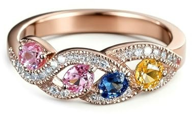 Tolldek Alliance en or rose 9 carats - Bague d'amitié infini en quartz rose avec saphir rose véritable - Bijoux en or rose 9 carats avec moissanite - Taille 49 (15,6)
