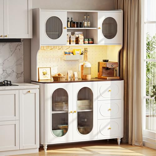 BonVache Küchenschrank, Kommode Küche mit Steckdosen und Led-Lichtleisten, Hochschrank Küchenbuffet, Sideboard, 2 Offene Fächer 3 Schubladen, Esszimmerschrank für Wohnzimmer Küche,120x41x180cm,Weiß