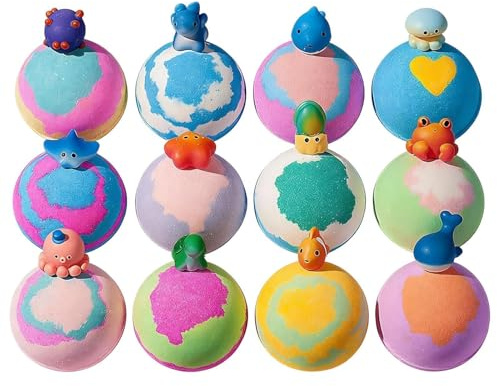 Badebälle mit Spielzeug 12 Stück bunt schäumend in Regenbogenfarben | Badebälle als für Teenager, , Kinder, , Mädchen, Töchter und Söhne