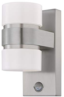 EGLO LED Außen-Wandlampe Atollari, 2 flammige Außenleuchte inkl. Bewegungsmelder, Sensor-Wandleuchte aus Alu, Edelstahl und Kunststoff, Farbe: Silber, weiß, IP44
