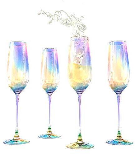 The Wine Savant Iridescent Glasses - Crystal Luster Radiance Set of 4 - Rainbow Colored Stemware Glassware - , Durable Pearl Color Champagne Glasses, An Ethereal Shine (Tall Flutes)