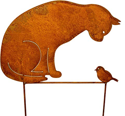 Manufaktur-Lichtbogen Rost Gartenstecker Katze und Vogel 50x43cm Edelrost Gartendekoration