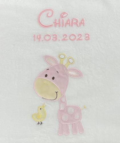 KIDDI-MEDIA Babydecke mit Name und Geburtsdatum Bestickt Weiss/Rosa Giraffe | Kuschelig weich
