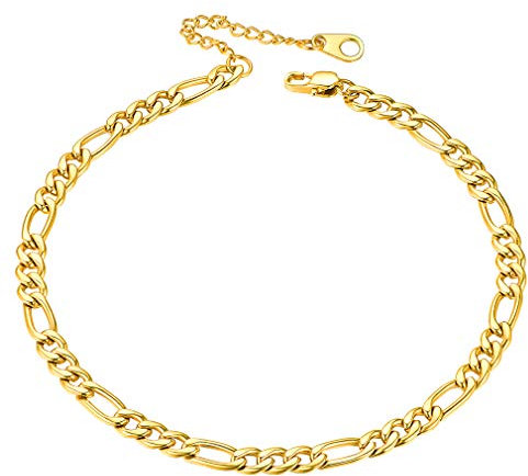 Brillant Bracelet de Cheville en Or pour Femme,5mm Chaîne de Pied Maille Figaro 3+1 en Acier Inoxydable Plaqué Or Réglable 9+2(22.8+5cm) Ajustable pour Femme et Fille Bijou de Plage Été Fête