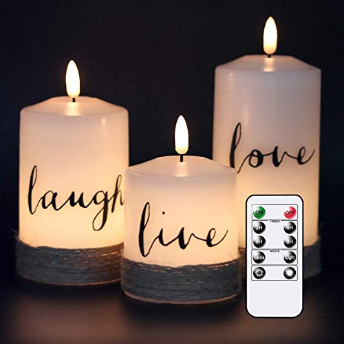 Eldnacele Flameless LED Candles Flickering with Timer Remote Mother's Day Gift, ‘Live’ ‘Laugh’ ‘Love’ Artistic Word Design for Valentine Mother's Day Thanksgiving Christmas Decor