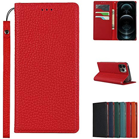 Copmob Case Compatible for iPhone 12/12 Pro With Card Holder With Strap,Genuine Leather Flip Wallet Case,[3 Slots][Magnetic Closure][RFID-Blocking],Phone Case Cover for iPhone 12/12 Pro - Red