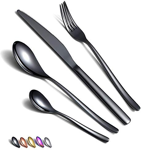 Ensemble de Couverts Noirs 24 Pièces en Acier Inoxydable, Argenterie Avec Placage de Titane, Ustensiles Pour 6 (Noir Brillant)