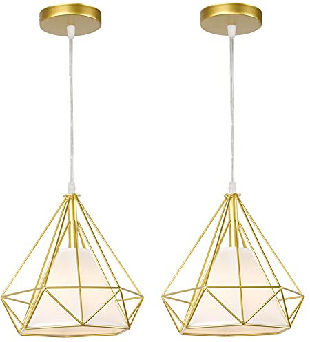STOEX Lote de 2 lámparas colgantes vintage industriales jaula forma diamante 25 cm E27 retro araña pantalla cuerda ajustable (dorado)