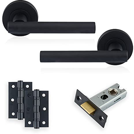 XFORT Juego completo de palancas Liberty en rosas, color negro mate, con manijas de puerta de barra en T, cierre tubular de 65 mm y bisagras de rodamiento de bolas de 75mm, juego de manijas de puerta