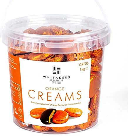 Whitakers Chocolates Dark Chocolate Orange Fondant Creams, 1kg | Foiled fondant centres, UK-made, 120 pieces, reusable tub, natural orange oil, dark chocolate