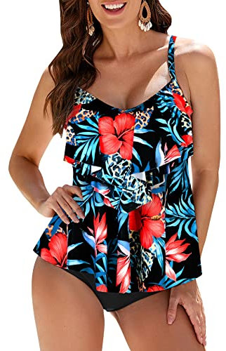 WIN.MAX Women's Tankini Sets Ruffled Flounce 2 Pieces Swimwear with High Waist Bottom Plus Size Swimsuit （Red Hibiscus，UK18）