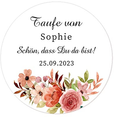 50 PERSONALISIERT 40mm Blume Aufkleber zur Taufe/Geburtstag/Kommunion Sticker Siegel - Schön, dass du da bist! Gastgeschenke Tüten Aufkleber für Hochzeit,Verlobung,Konfirmation - Rd 064 (008)