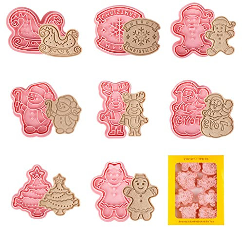 CTDMJ Juego cortadores galletas Navidad, 8 Piezas 3D Molde galletas Navidad, Santa Claus, árbol de Navidad, pan jengibre, niño y niña, muñeco de nieve, reno, cortador galletas para hornear en Navidad