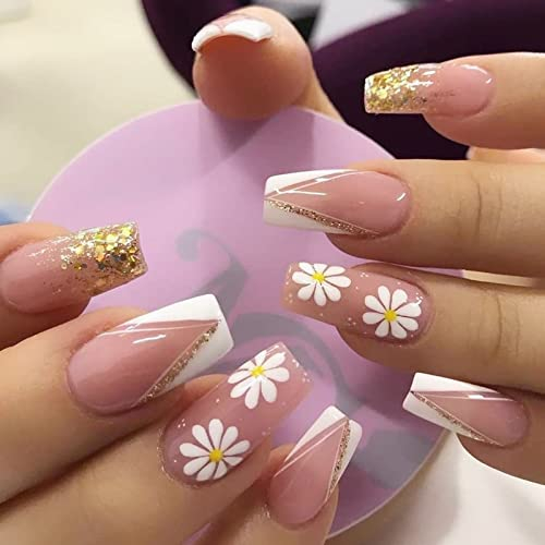 Yatinkim Falsche Nägel 24 Stück Französische Designs Gefälschte Fingernägel Mittel Frauen Mädchen Künstliche Nägel Art Maniküre DIY Glitzer Dekoration