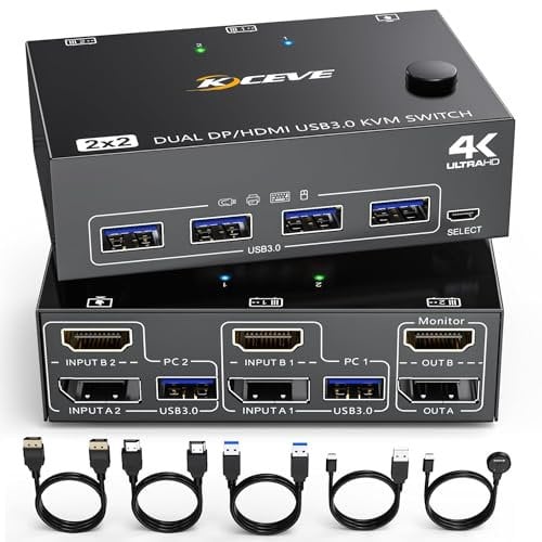 DP + HDMI KVM Switch 2 Computer 2 Monitore, KCEVE Zwei Monitore Displayport USB 3.0 KVM Umschalter für zwei Monitore, Unterstützt 4K@60Hz für 2 Computer, die Tastatur, Maus und Monitor teilen