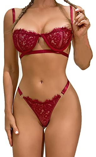 Women Lace Lingerie Set 2 Piece Half Cup Bra and Strappy Thong with Eyelash Crochet Lace Sexy Open Cups Bralette Push Up Mesh Bra and Panty Bikini for Gifts Sleepwear Party Outfits (Burgundy, M)
