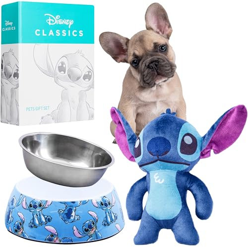 Disney Stitch Set Jouet pour Chien en Peluche et Gamelle pour Chien et Chiot - Set Cadeau Chien (Bleu Stitch)