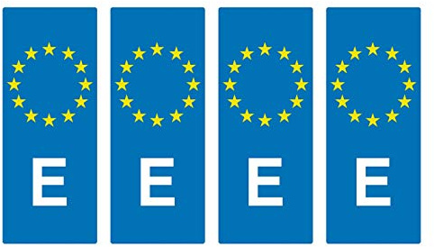 4 UNIDADES DE VINILO ADHESIVO PEGATINA REFLECTANTE MATRICULA ESPAÑA DECORATIVA UE ES E UNION EUROPE PLACA COLOR AZUL PARA COCHE COMPATIBLE CON CUALQUIER VEHICULO 4x4 MEDIDAS 10 POR 4 CM