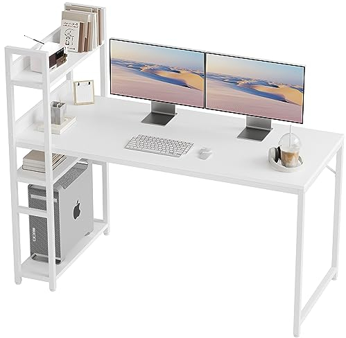 CubiCubi Grand bureau d'ordinateur avec étagère à droite ou à gauche, 120 x 60 cm, pour bureau, salon, structure en acier robuste, blanc