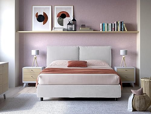 EVERGREENWEB - Letto Matrimoniale con Moderno Box Contenitore e Rete a Doghe in Legno 160x195 cm Elegante Testiera Doppi Cuscini Tessuto Bianco Grigio Imbottito SFODERABILE Ideale per Camera da Letto