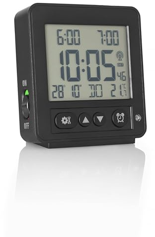 Funkwecker, Maße90 x 38,4 x 99,2 mm, Für 2 x AA Batterien (Nicht enthalten), 2 Weckzeiten einstellbar – ideal für Paare mit unterschiedlichen Aufstehzeiten