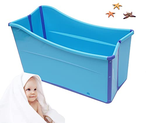 LUNICASHA Bañera Plegable Adultos Masaje, 120L SPA Portátil sin Inflar, Plegable para Baño de Hidromasaje en Hogar, Tamaño 98x50x56 cm (Azul)