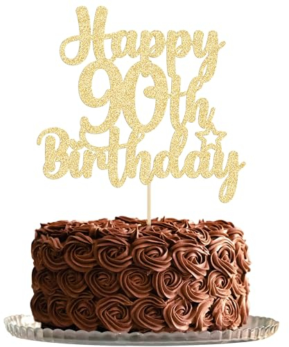 Gyufise 1Pc Happy 90th Birthday Cake Topper Glitter 90 & Fabulous Cheers to 90 Years Old Birthday Cake Pick for Celebrating 90th Birthday Anniversary Party Cake Decorations Supplies Gold