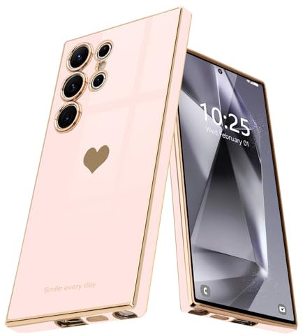Teageo Coque Compatible avec Samsung S24 Ultra en Silicone TPU Galvanisé Or avec Motif Coeur d'amour Étui Antichoc pour Filles Femmes Housse de Protection pour Samsung S24 Ultra, Rose pâle