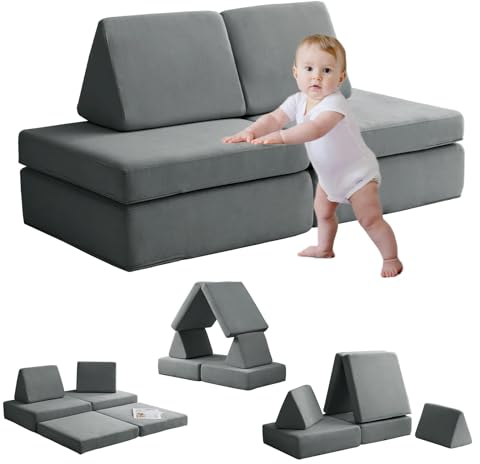 hooxnome Modulares Kinder-Spielsofa, 6-teilig, Kinder-Sofa für Kleinkinder, umwandelbares Schaumstoff- und Bodensofakissen für Jungen und Mädchen, Spielzimmermöbel, Fortplay Schlafzimmer (grau)