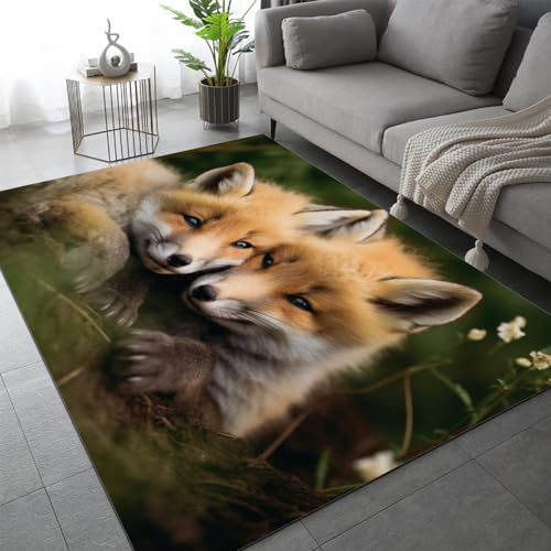 DILANI Teppich Wohnzimmer Schlafzimmer 3D Fuchs Teppich Kinderzimmer Kurzflor Teppiche rutschfeste Spielteppiche Waldtiere Kinder Teenager Kurzflor Flanell Teppiche 120x160 cm
