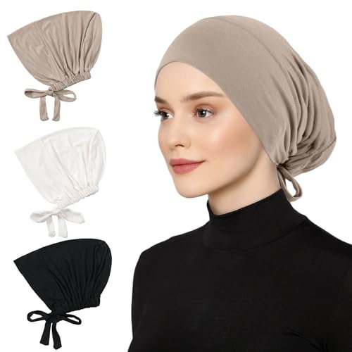 RVLZKCPG 3 Stück Hijab Kopftuch, Kopftuch Damen aus Lycra-Gewebe, Kopftücher Chemo mit Elastischen Kordeln, Turban Damen für Schatten und Haarschutz
