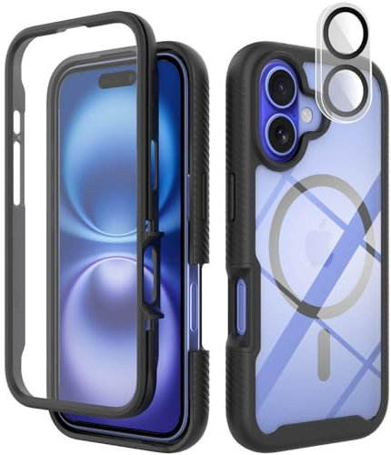 Leedia Handyhülle Kompatibel mit iPhone 16 Magsafe Hülle 360 Grad mit Eingebautem Schutzfolie Kameraschutz Stoßfest Schutzhülle Magnetisch Magnetisch Klar Case für iPhone 16 6,1 Schwarz