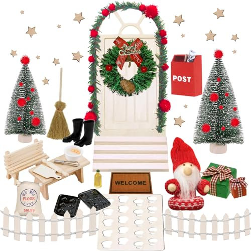 PUWOWYE Wichteltür Set, Wichteltür Komplettset, Wichtel Zubehör Weihnachten, Holz Weihnachtswichtel Set, Miniatur Wichtel Zubehör Set, Weihnachtsdekoration, DIY Geschenk für Kinder