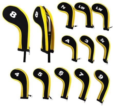 Scott Edward 12pcs Number Print Golf Club Irons Covers Neoprene Zippered Golf Wedge Covers with Long Neck Protective Mesh Golf Head Covers for Men Women Fit Most Standard Irons