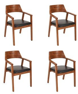 SAM 4er Set Esszimmerstuhl Angel, Akazienholz nussbaumfarben, schwarzes Echtleder, Holzstuhl mit Armlehnen, ergonomischer Massivholz-Sessel mit Leder-Bezug, Stuhl für Küche, Esszimmer & Wohnzimmer