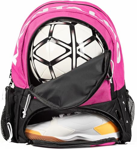 MONTALMO Zaino da Calcio | Zaino da Basket | Zaino da Pallavolo | Zaino Sportivo per Bambino o Bambina con Scomparti Separati per Palloni e Scarpe (Fucsia/Nero)