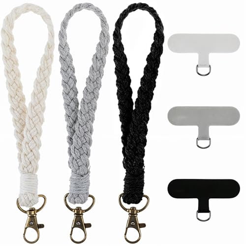 3 Stück Schlüsselanhänger Makramee Boho Schlüsselband Makramee Kurz Geflochtener Handy Kette Schlüsselanhänger Lanyard Armband