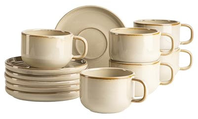 MÄSER Serie Cordelia, Kaffeetassen Set für 6 Personen aus hochwertigem Steinzeug, 12-teiliges Kaffeeservice aus 6 Tassen und 6 Untertassen; Steinzeug, Sand